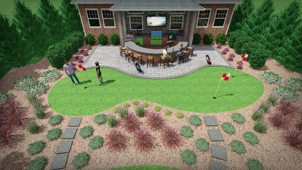 Outdoor bar with golf putting green and landscaping.