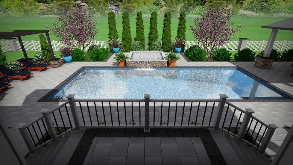 Backyard pool with trees and potted plants.