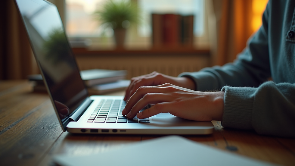 Eye-level view of a student typing on a laptop in a cozy study space