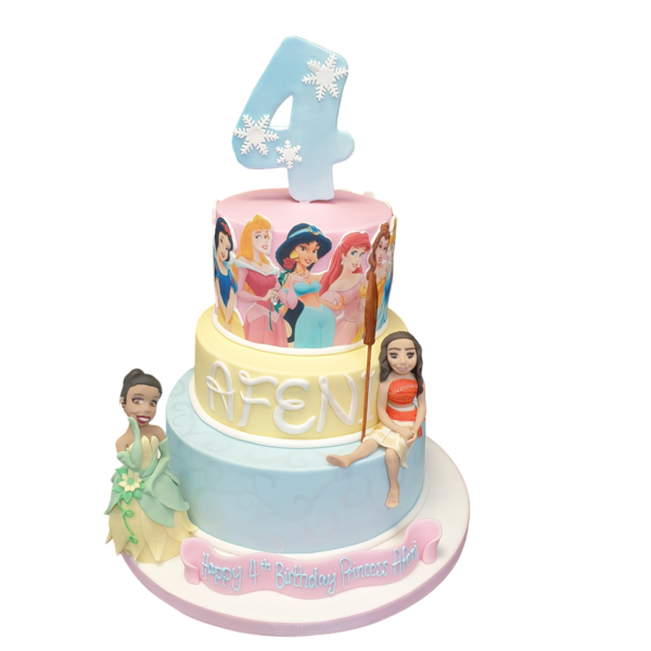 A beautifully decorated Disney Princesses cake featuring Tiana and Moana characters, perfect for a magical celebration.