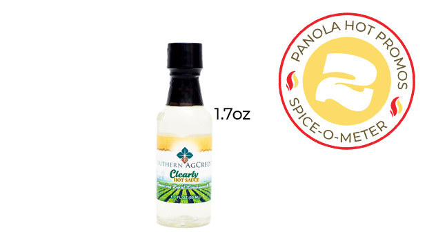 1.7oz bottle of Panola's custom labelled Clearly Hot Sauce