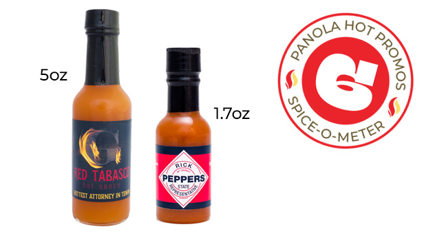 A 5oz and 1.7oz bottle of Panola's Custom Red Tabasco Sauce, heat rating 6/10.