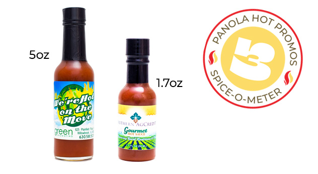 A 5oz and 1.7oz bottle of Panola's Custom Gourmet Pepper Sauce, heat rating 3/10.