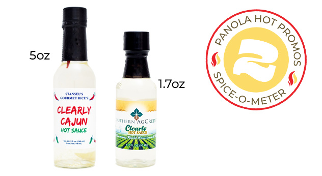 A 5oz and 1.7oz bottle of Panola's Clearly Hot Sauce, heat rating 2/10.