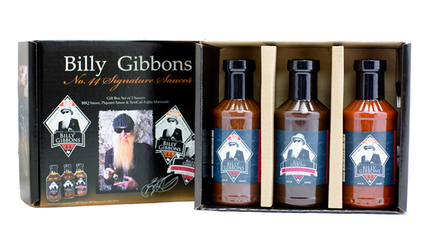 Fully customized Panola gift set with three grill sauces. The box and labels are branded for Billy Gibbons.