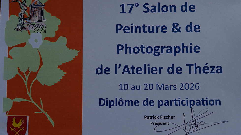 Affiche du 17e Salon de Peinture et Photographie de l'Atelier de Théza, 10-20 mars 2026. Fond orange avec dessin végétal.