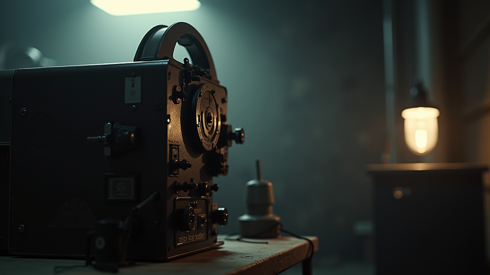 Eye-level view of a vintage film projector in a dark room