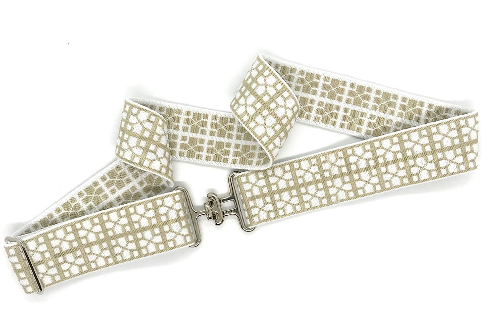 Thumbnail: Beige and white geometric pattern elastic Bedford-Jones belt with silver surcingle buckle
