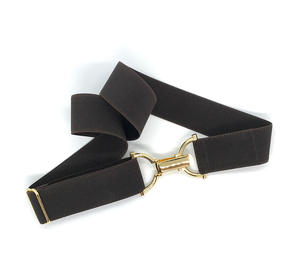 Thumbnail: 1.5" Chocolate brown elastic Bedford-Jones belt with gold D-ring buckle