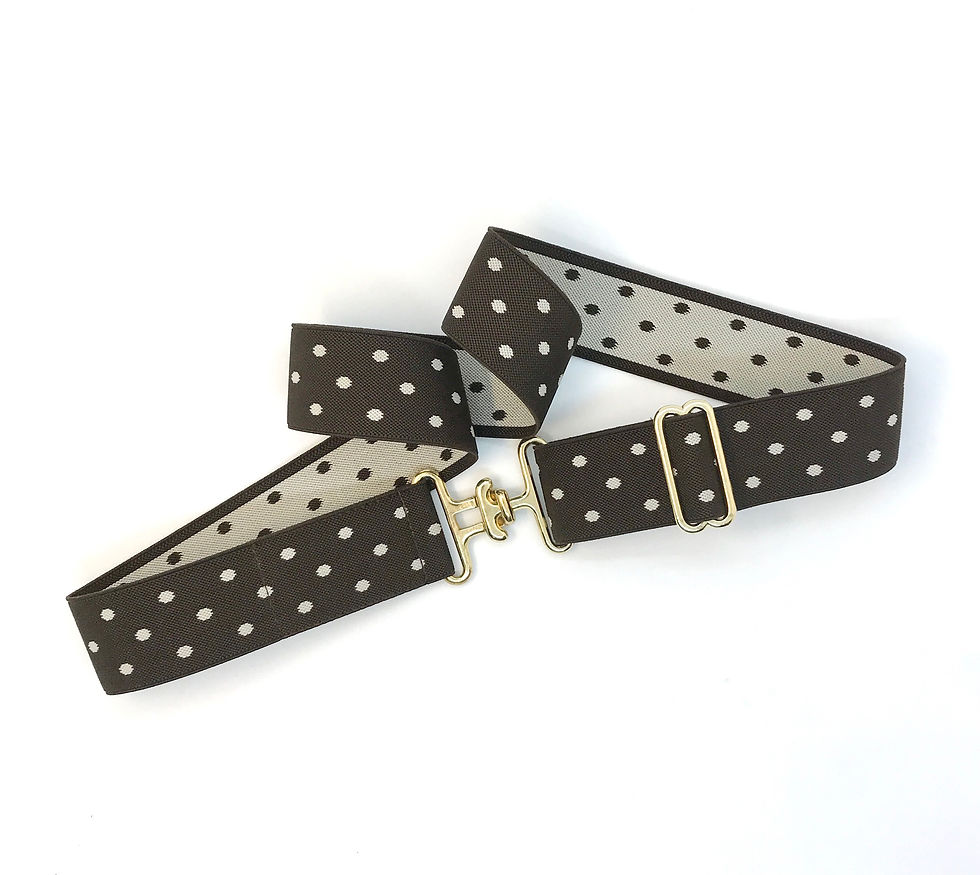 1.5" Brown and cream polk dot elastic Bedford-Jones belt with gold surcingle buckle