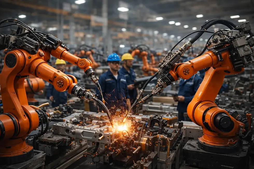Robotic arms in an industrial factory weld metal parts, creating sparks. Workers in hard hats observe in the background. Orange and metallic tones.