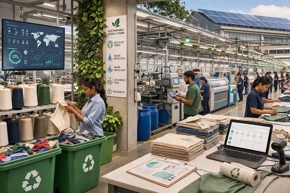 Factory workers sort fabrics amid yarn spools and a sustainability screen. Green bins show recycling. Solar panels on the roof.