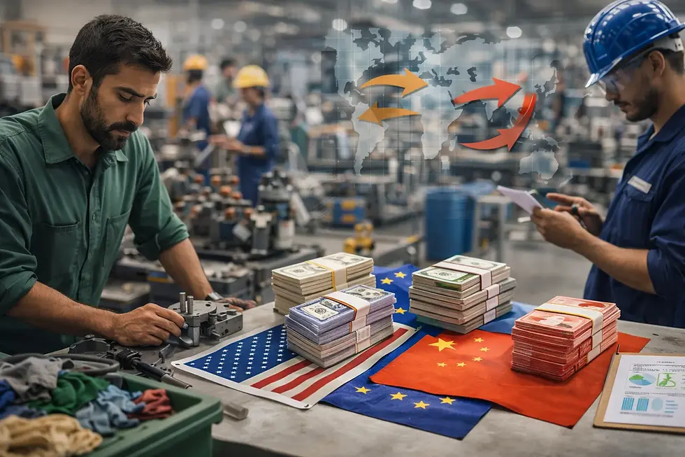 Factory workers focus on machinery. Flags and currency stacks from USA, EU, and China on table. Global trade map overlay, industrial backdrop.