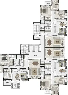 Kat planı gösterimi, odaları ve mobilyaları gösteren bir çizim Konproje.
