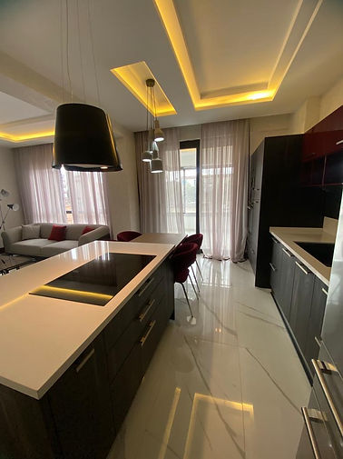 Modern mutfak tasarımı, ada tezgahı, oturma odası manzarası. Konproje