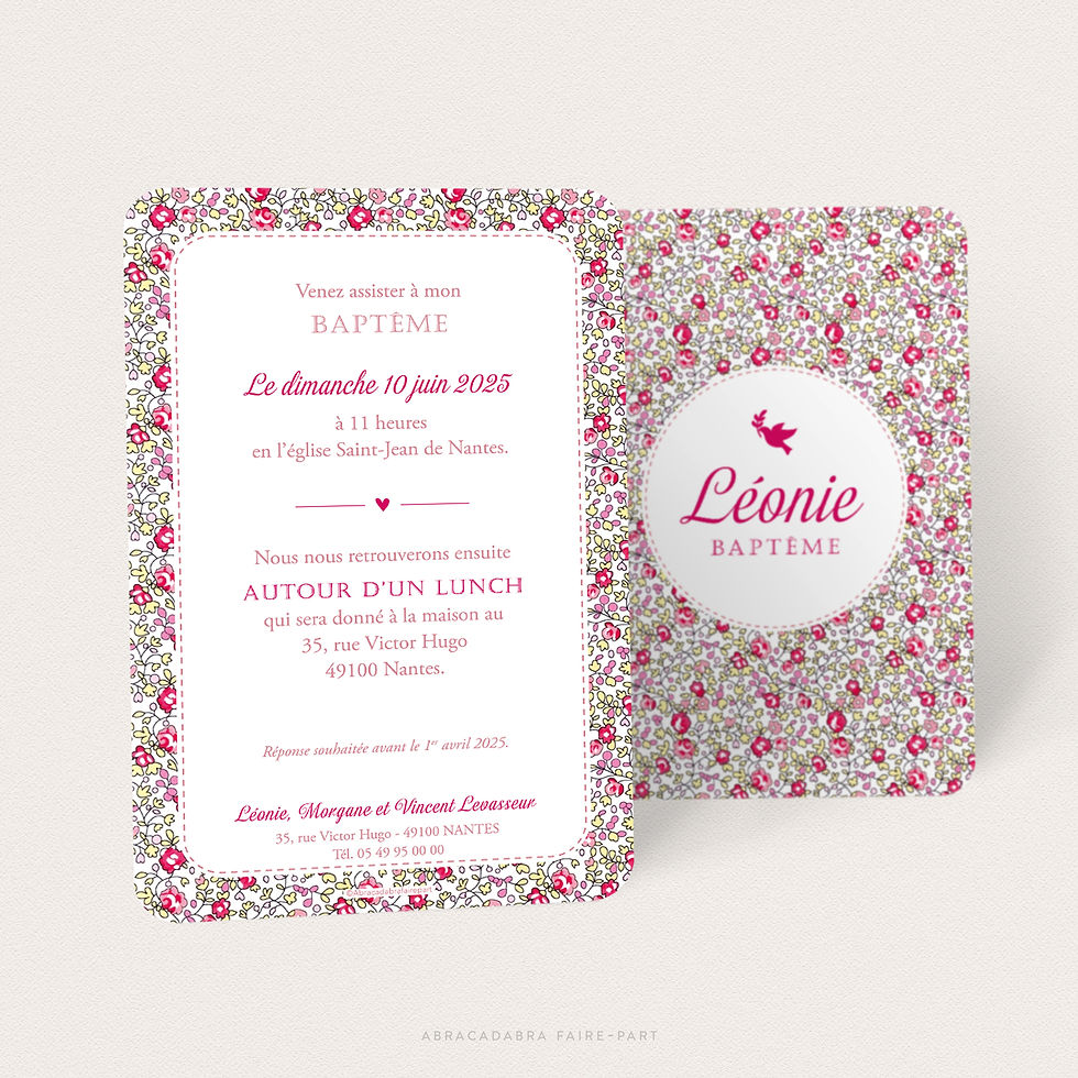 Faire-part de baptême en Liberty Eloise rose, recto verso, rectangulaire, vue verso