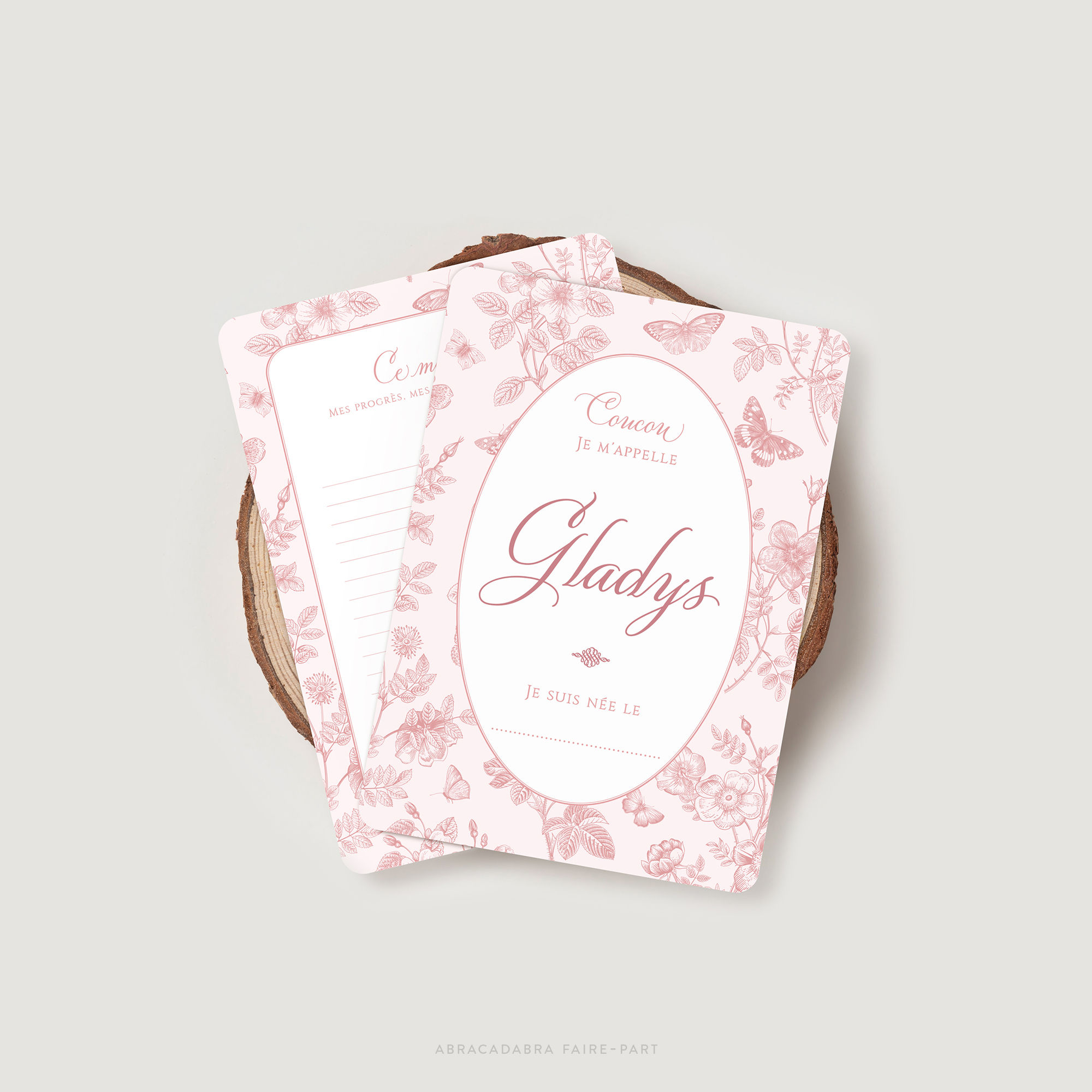 carte étapes bébé toile de jouy avec papillons et feuilles, couleur rose