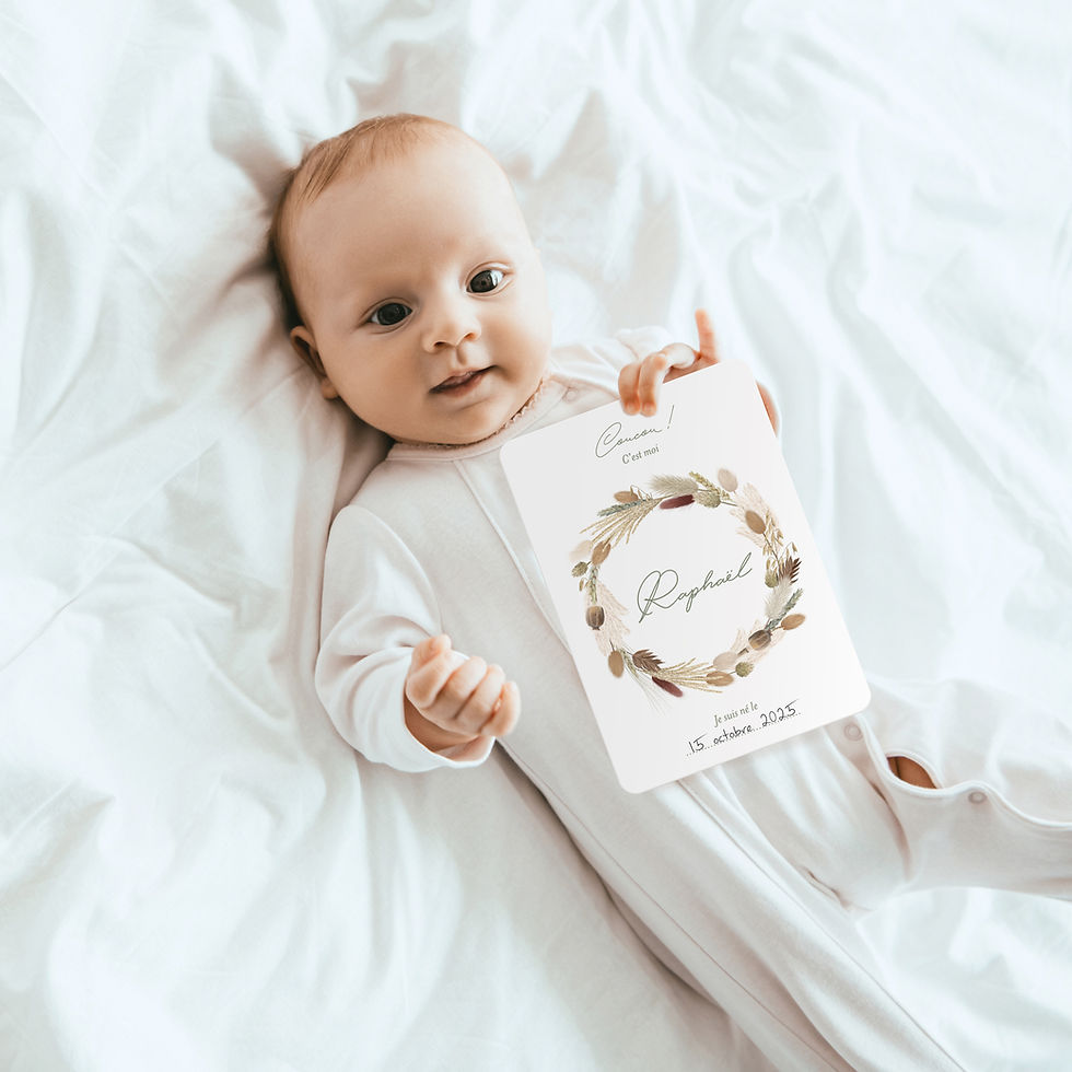Miniature : bébé sur le dos avec carte étape bienvenue au monde, couronne de fleurs séchées