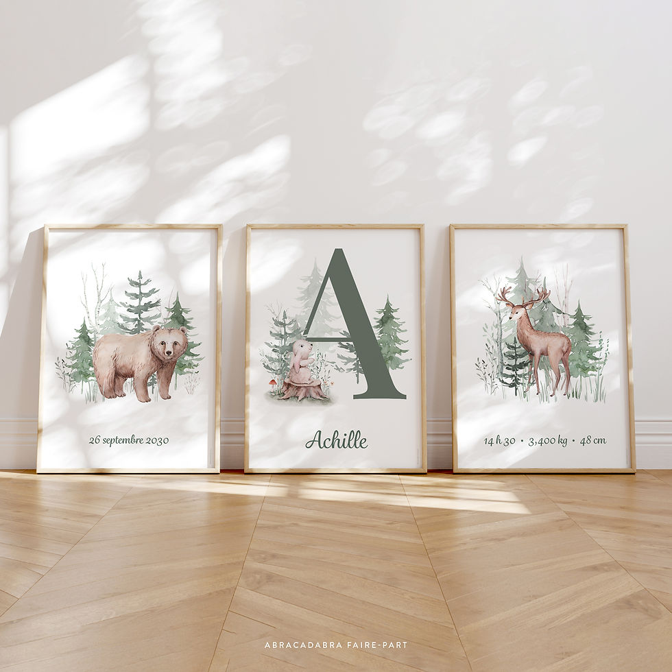 Trois affiches personnalisées pour chambre de garçon animaux de la foret