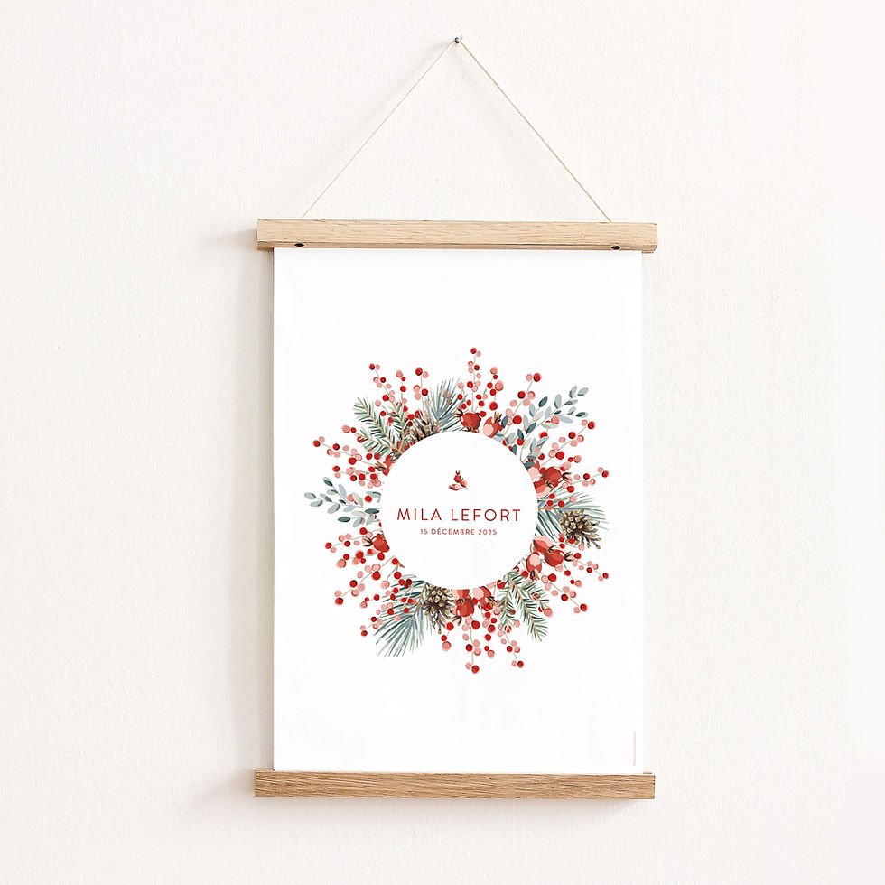 Miniature : affiche pour chambre de bébé avec couronne de noel, sapin, pommes de pin et houx