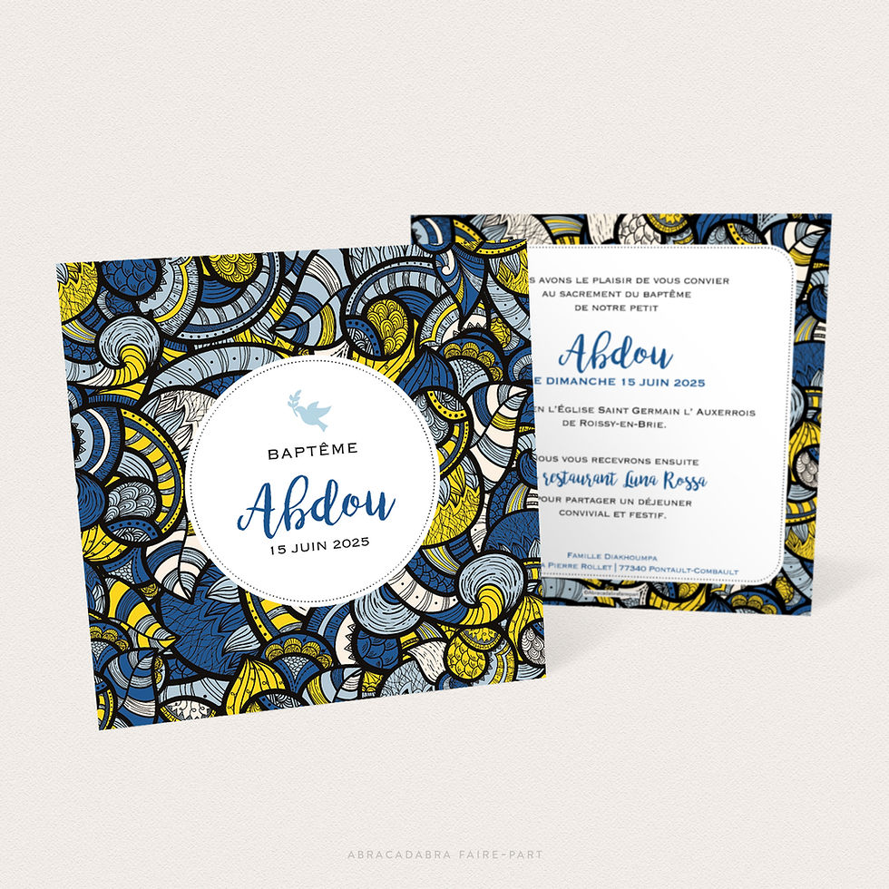 Miniature : faire-part de baptême carré sur motif wax africain bleu et jaune, vue recto