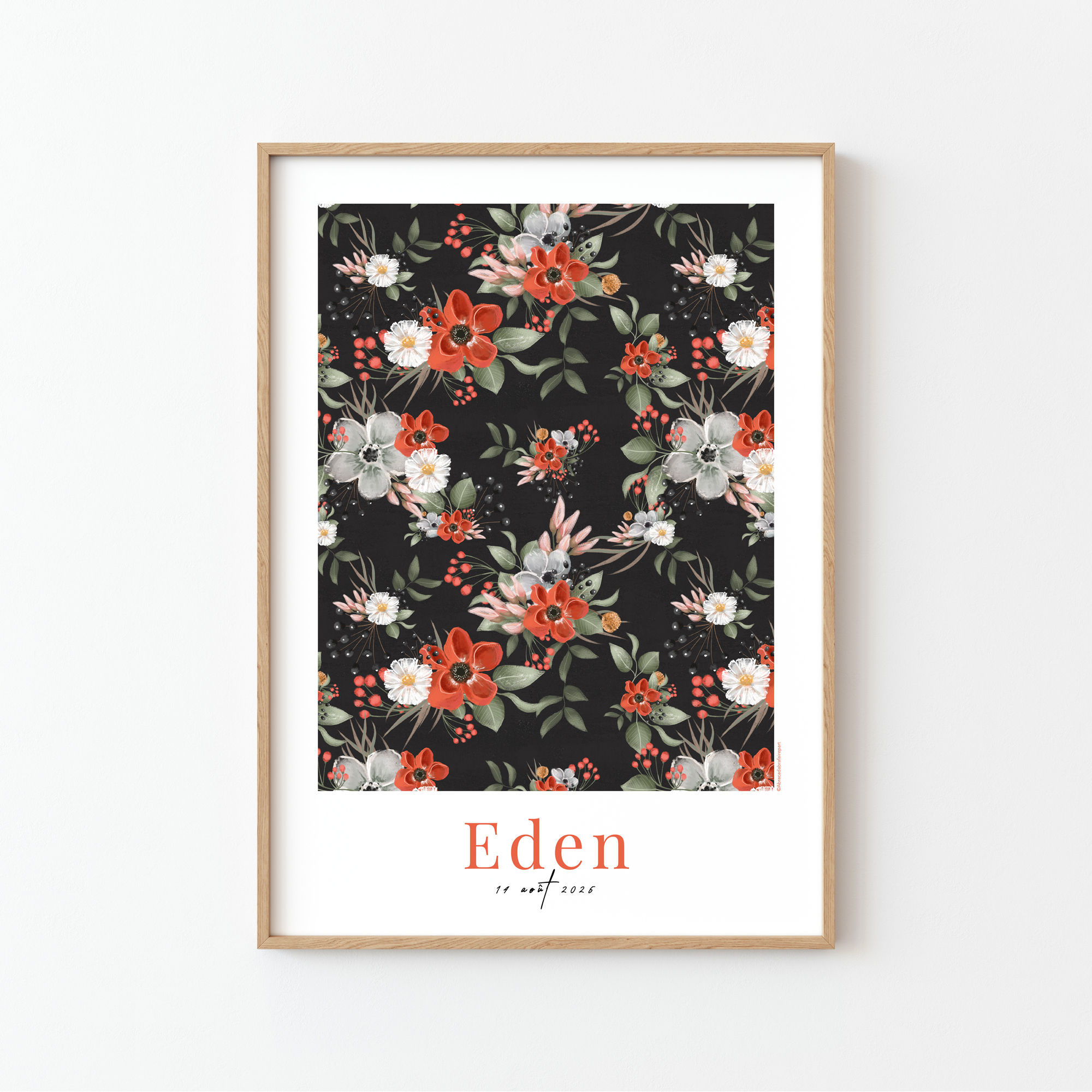 affiche naissance personnalisée fleurs oranges et blanches sur fond noir