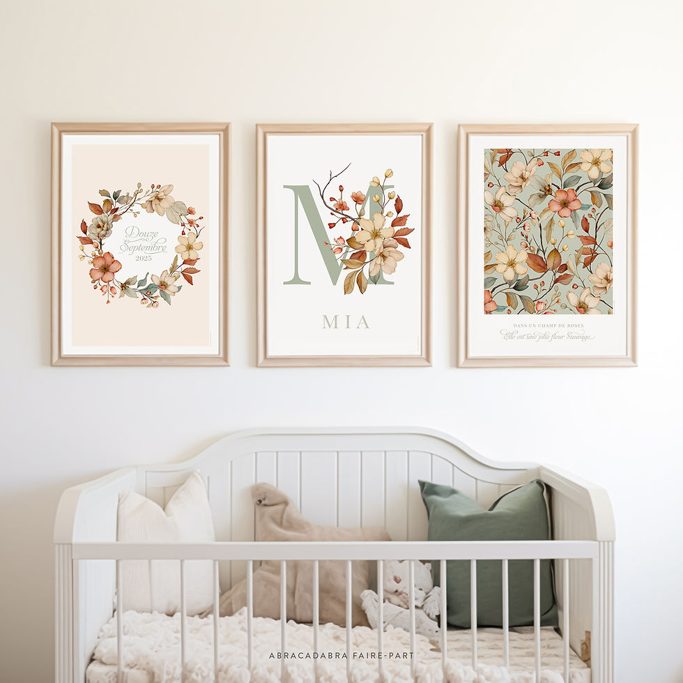 Miniature : Lot de 3 Affiches Personnalisées – Initiale Fleurie, Couronne Florale & Motif Bohème – Déco Chambre Fille ou Bébé