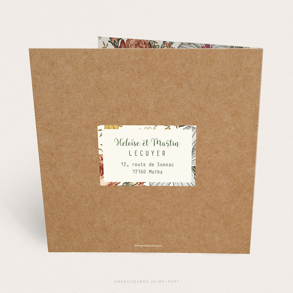 Miniature : Faire-part naissance fille, avec fleurs vintage bohème, rond kraft et photo à l’intérieur, vue dos