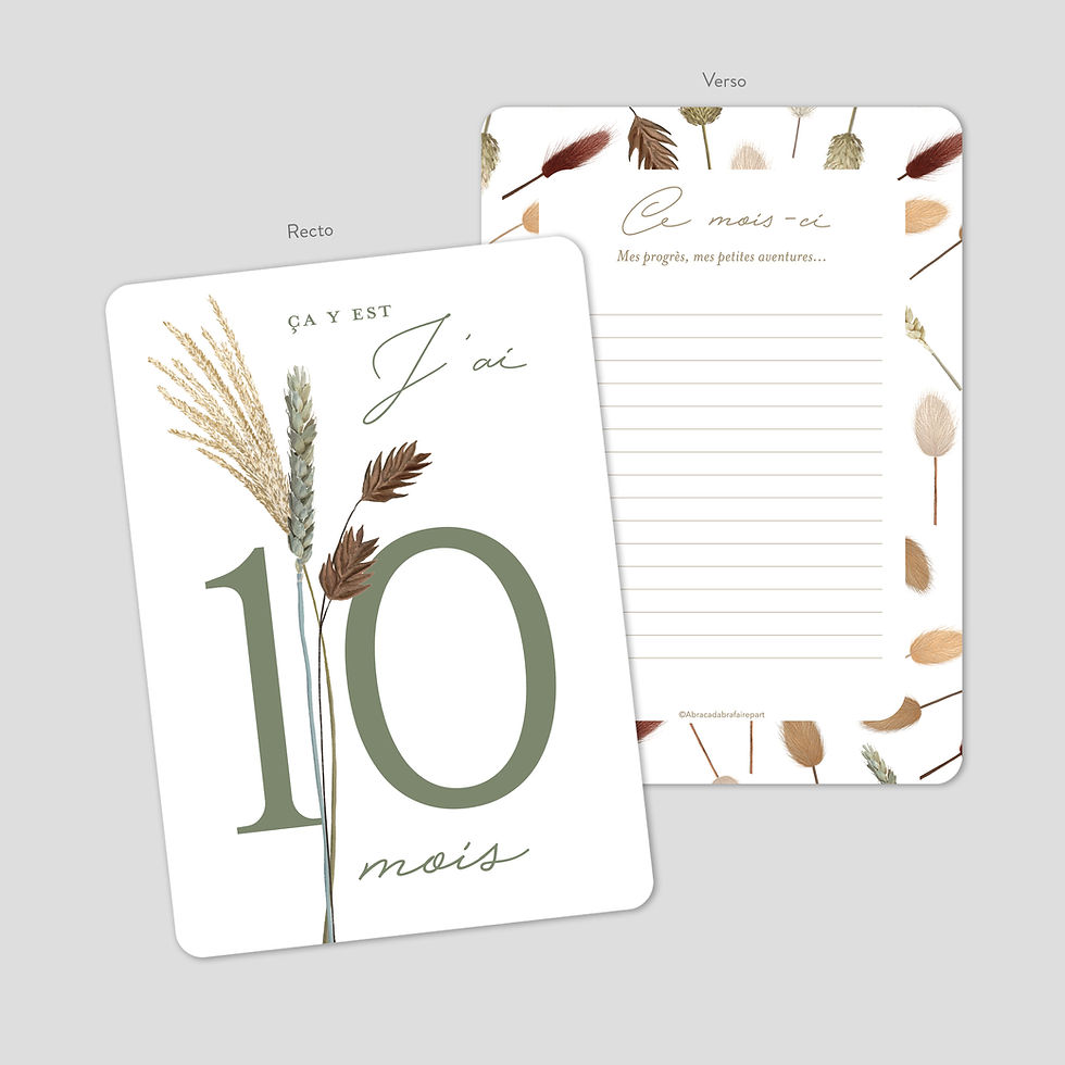 Miniature : cartes étapes bébé garçon fleurs séchées marron et vert, recto et verso