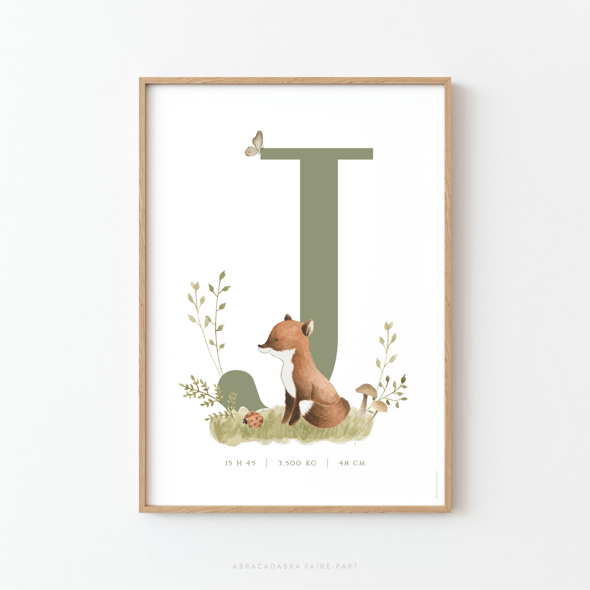 Affiche animaux de la foret pour chambre de bébé ou d'enfant, avec renard et coccinelle