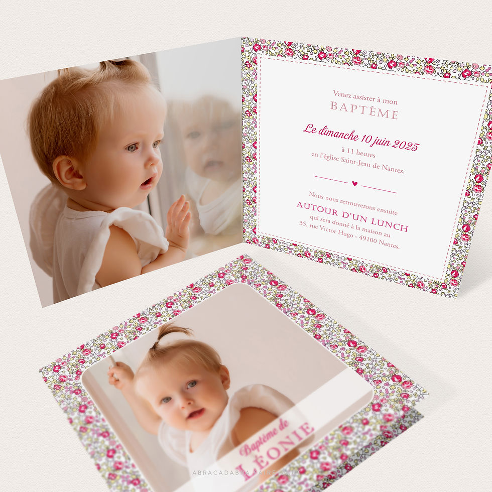 faire-part de baptême liberty Eloise rose en 4 pages, avec photos et texte personnalisé, vue ouvert
