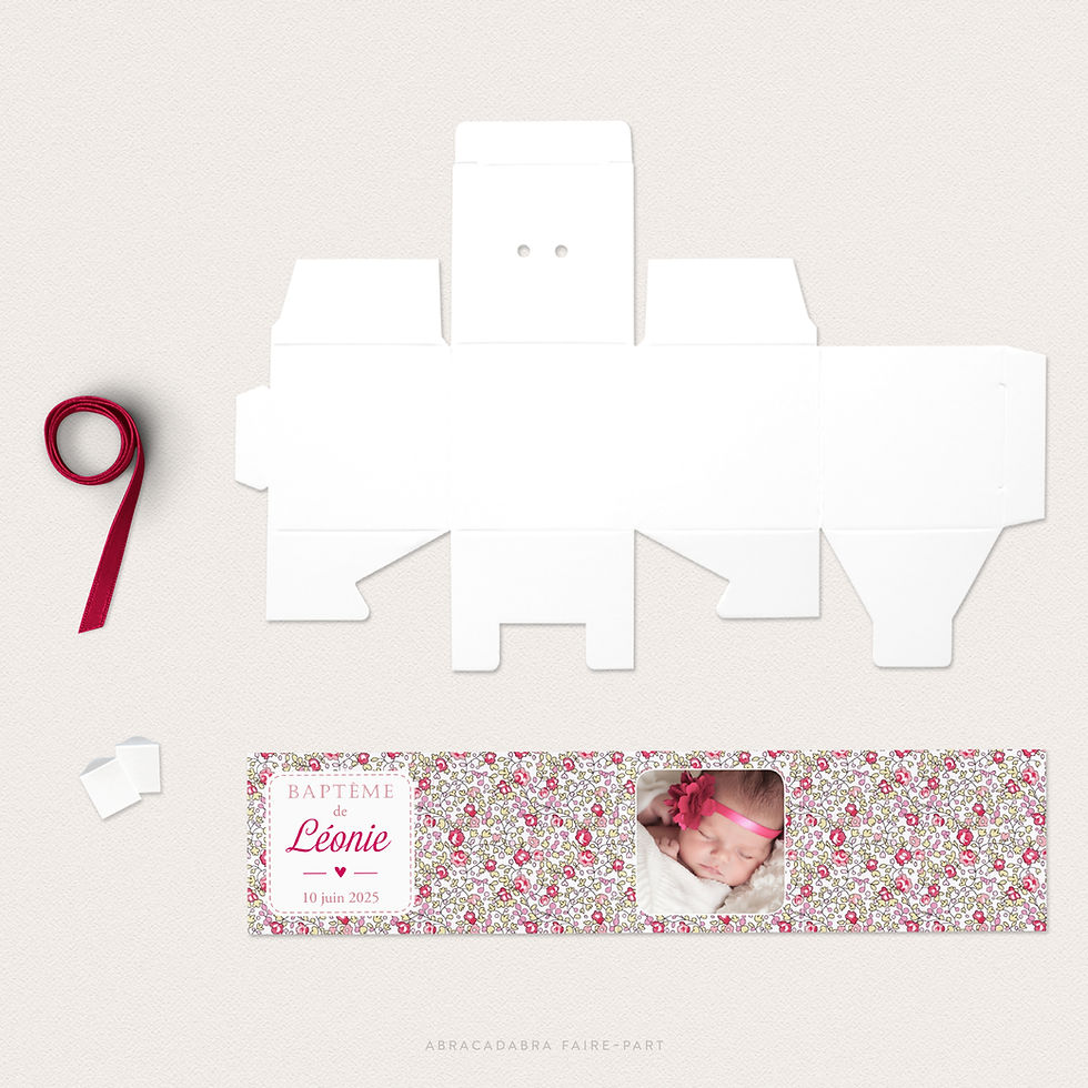 Miniature : Boîte à dragées baptême liberty éloïse rose, avec photo et ruban fuchsia, vue à plat