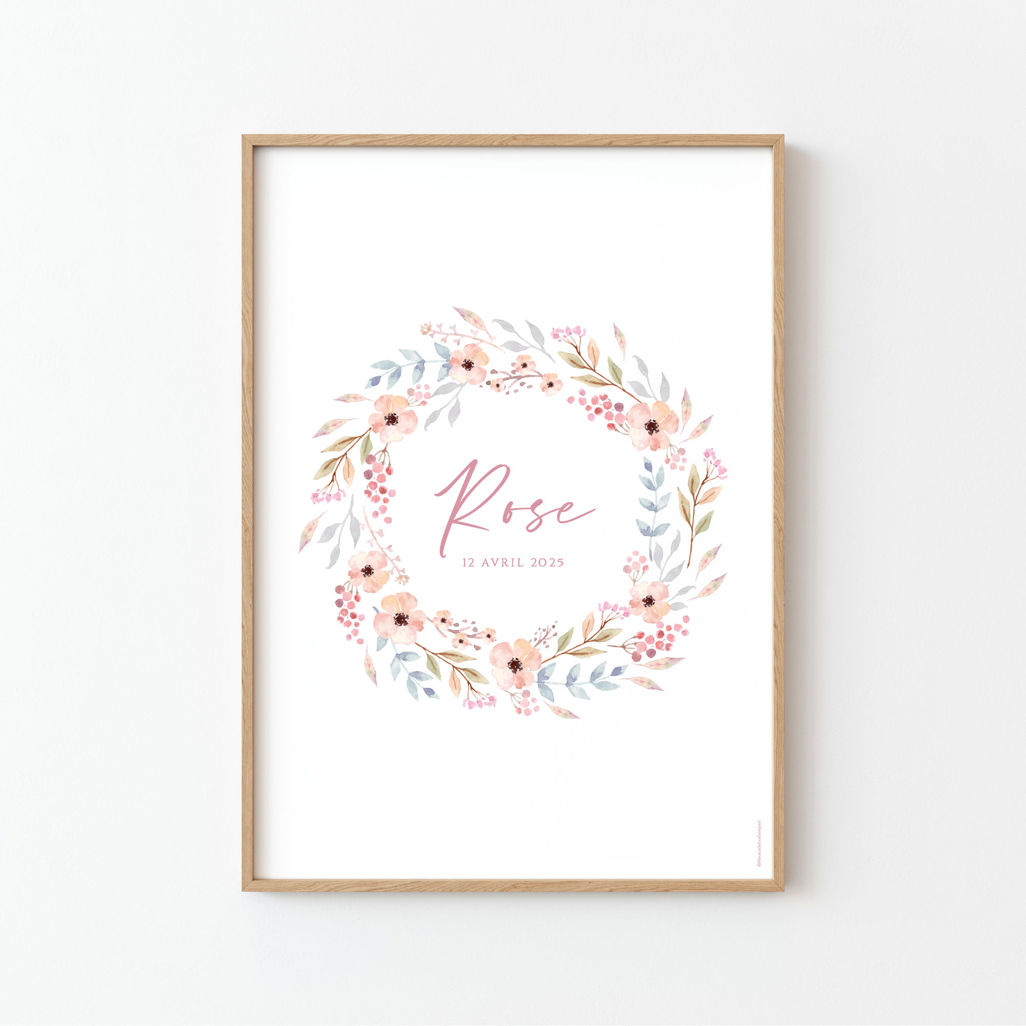 Affiche naissance personnalisée couronne de fleurs aquarelle, couleurs pastel, cadre bois