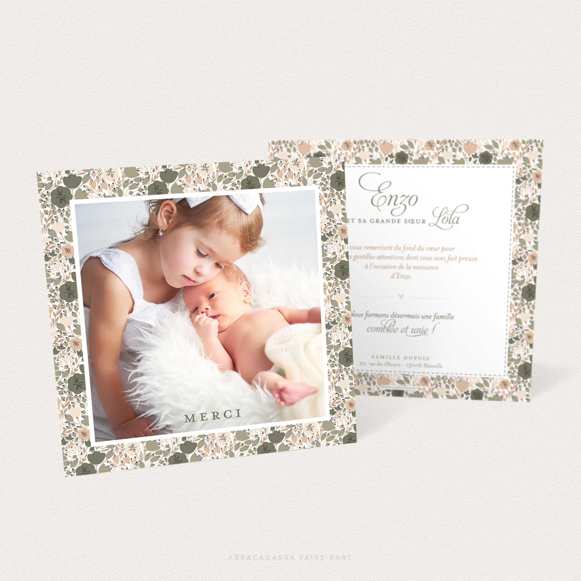 carte de remerciement naissance garçon liberty vert champêtre, vue recto