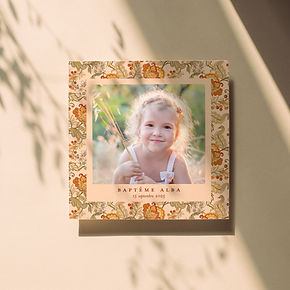 Carte de remerciement baptême avec motif chintz orange et vert et photo