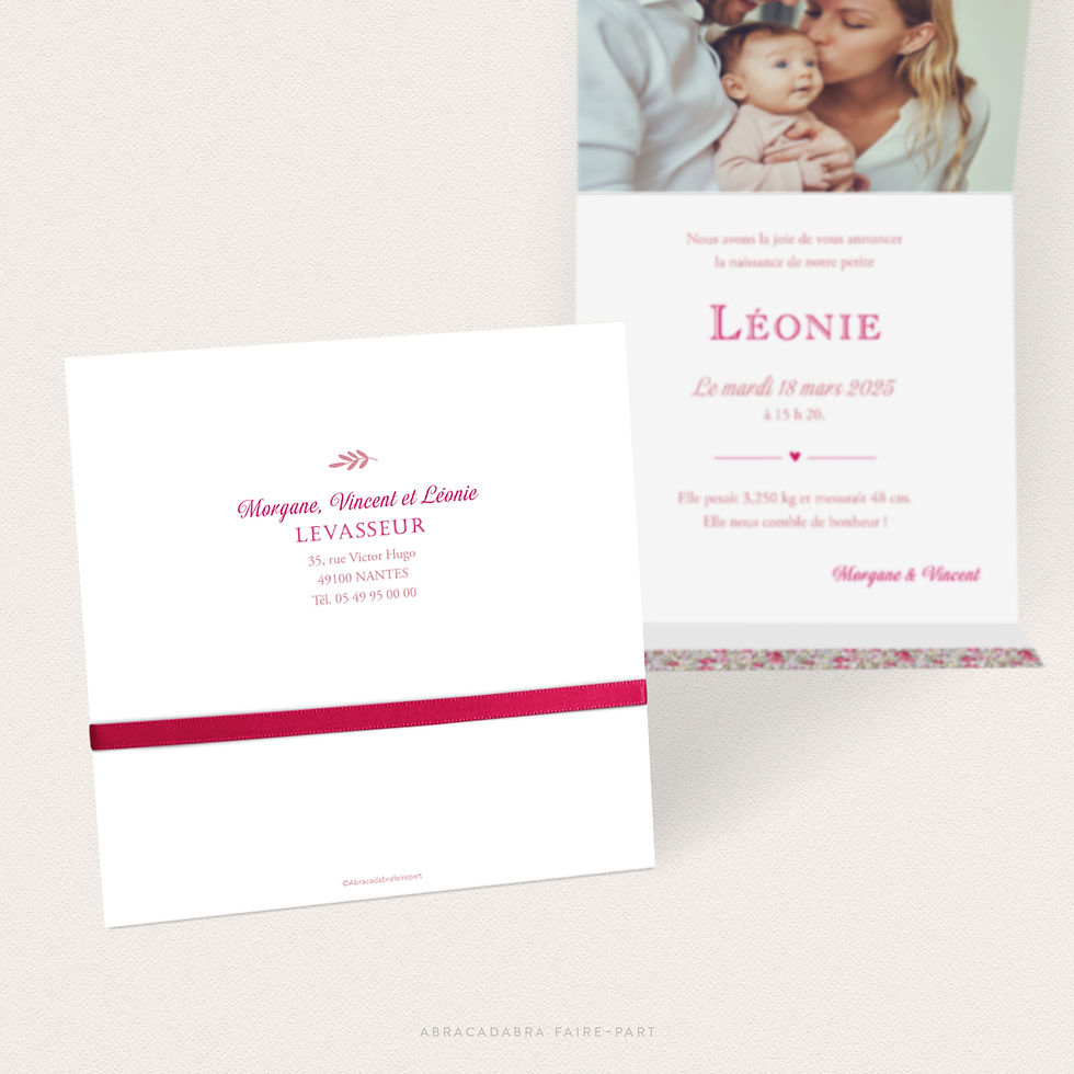 Miniature : Faire-part naissance Liberty Eloise rose, avec photos et ruban rose fuchsia, vue dos