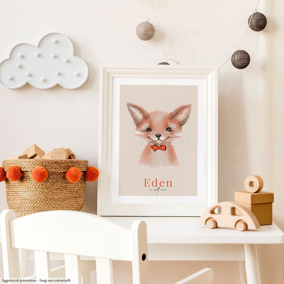 affichette naissance petit renard dans un cadre blanc sur bureau d'enfant
