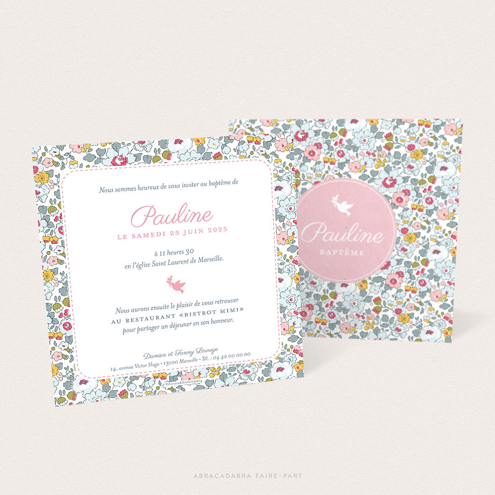 Faire-part de baptême carré recto verso avec motif liberty betsy porcelaine, vue verso