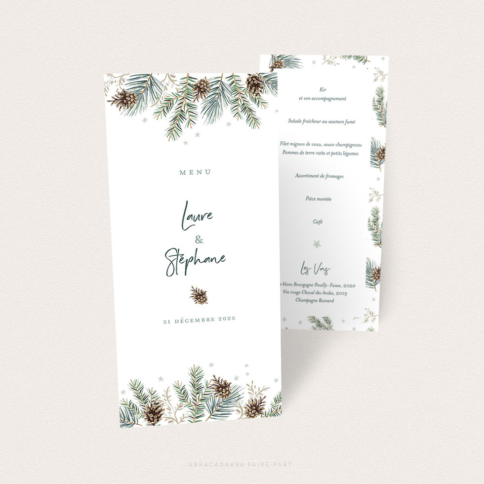 menu mariage hiver avec sapin et pommes de pin, vue recto