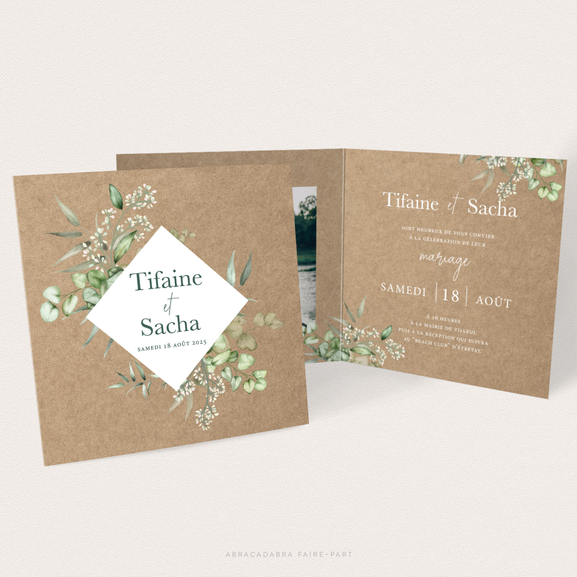 Faire-part de mariage eucalyptus et verdure à l'aquarelle sur fond kraft, vue recto