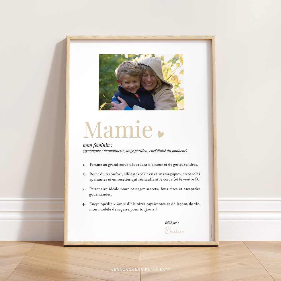 Miniature : cadeau personnalisé mamie, affiche façon dictionnaire avec photo et définitions du mot mamie
