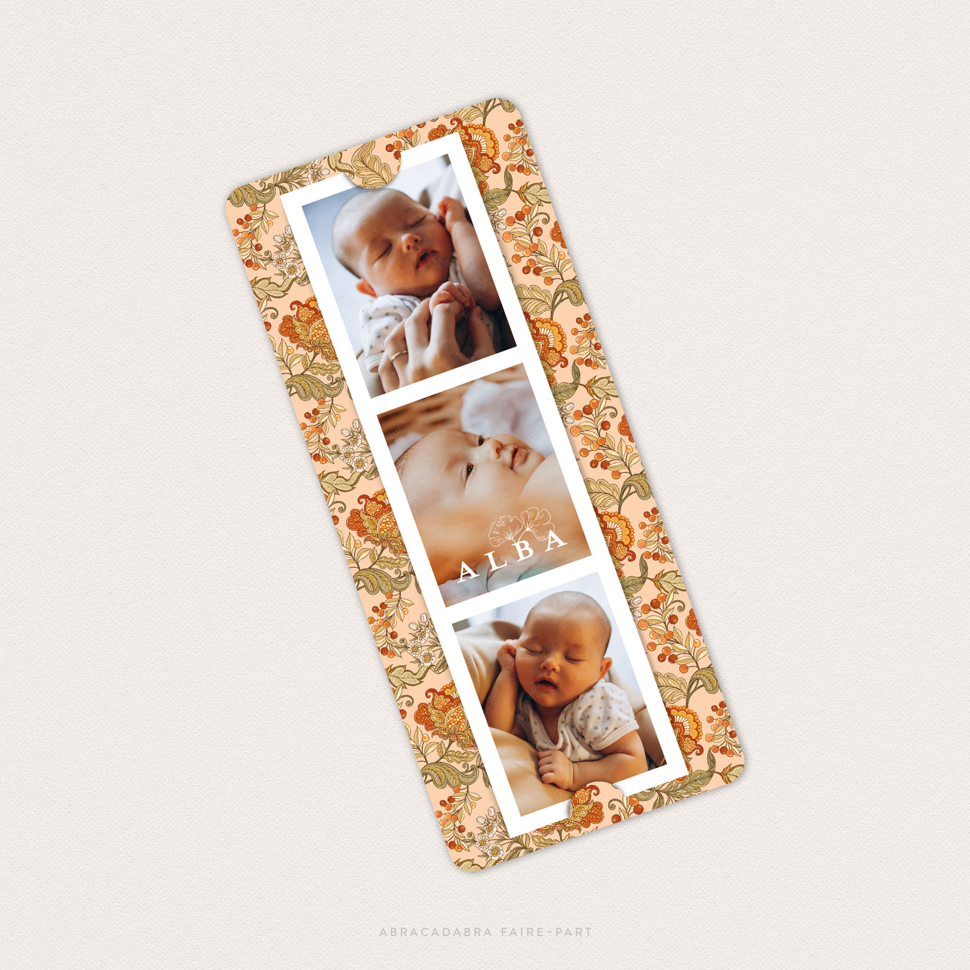 Faire-part de naissance fille, photomaton, motif chintz, fleurs anciennes style baroque chic, terracotta et vert, vue face