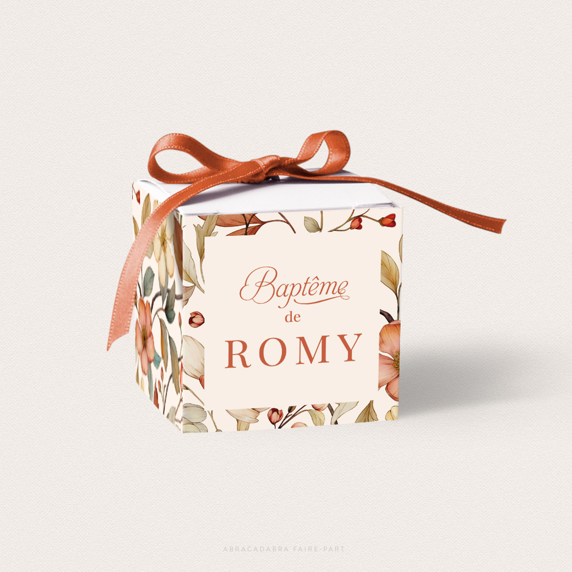 boite à dragées baptême fille avec fleurs anciennes, couleurs vintage, ruban terracotta