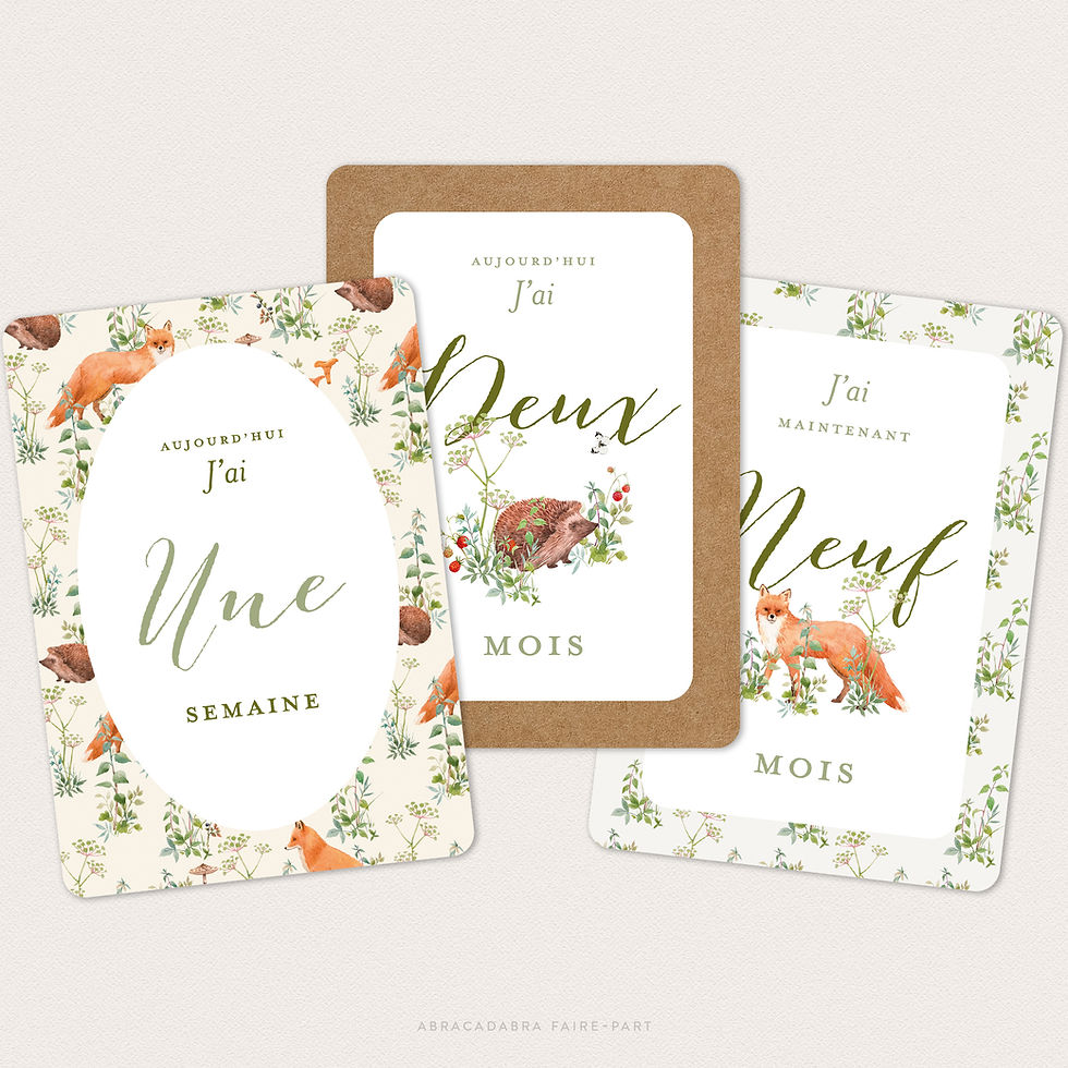 Miniature : Cartes étapes bébé garçon, avec renard et hérisson dans la foret, vert et kraft, première année