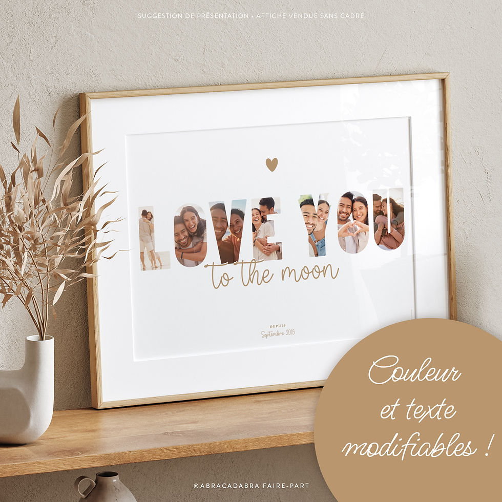 Affiche "Love You to the moon" personnalisée avec photos dans lettres, idée cadeau saint valentin
