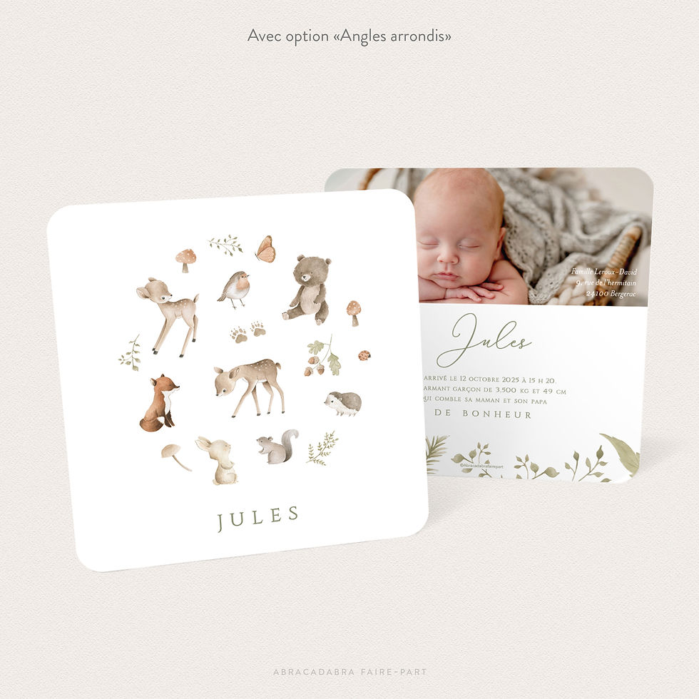 Miniature : Faire-part naissance animaux de la foret d’automne, avec coins arrondis