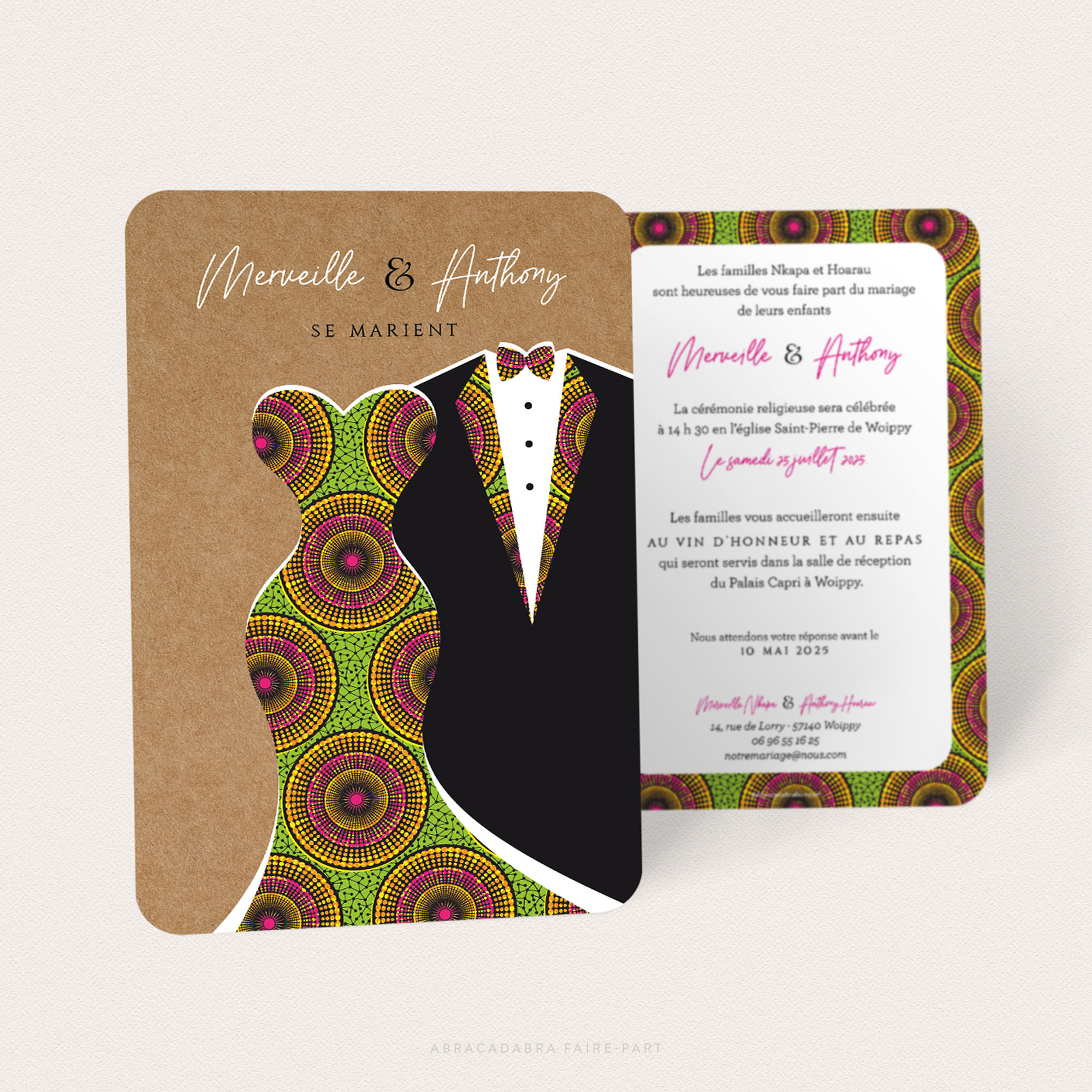 faire-part de mariage africain robe de mariée wax et costume, vue recto