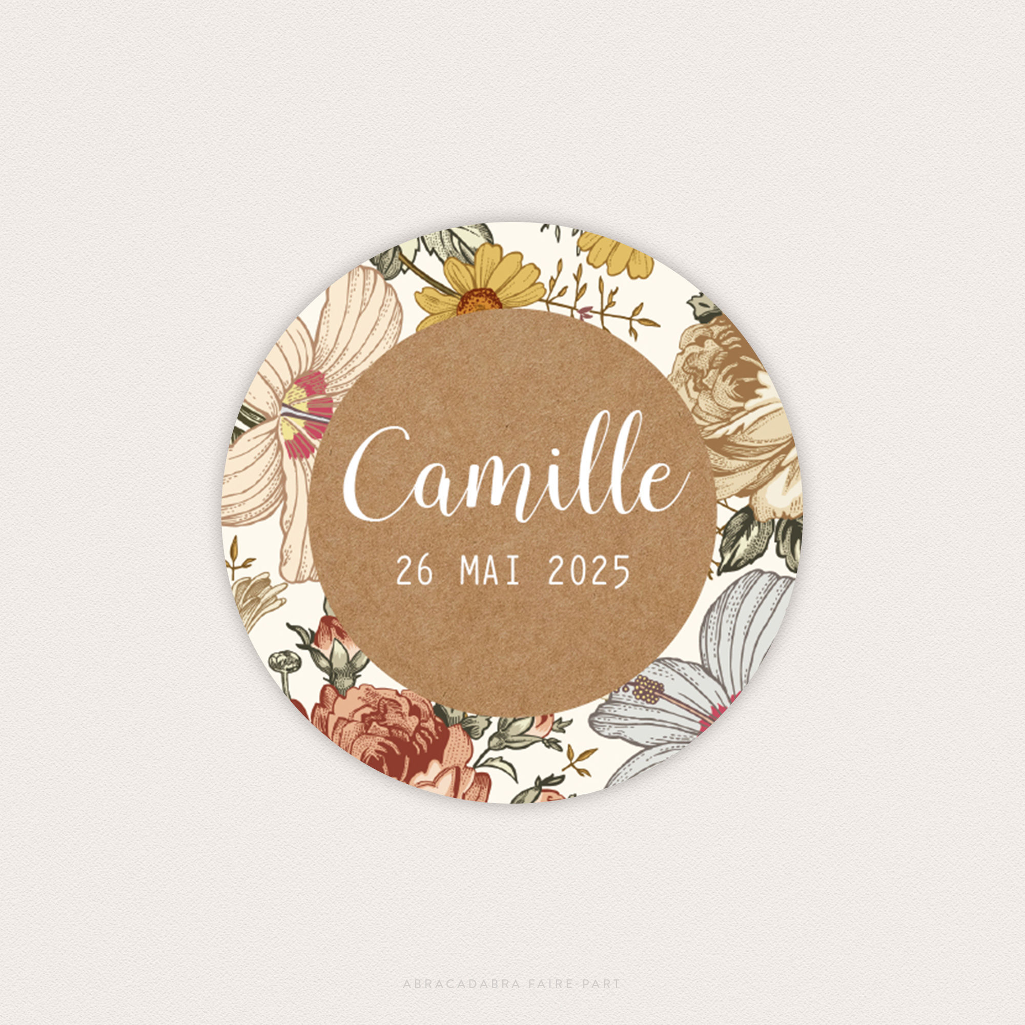 étiquette autocollante personnalisée pour naissance ou baptême avec fleurs vintage bohème