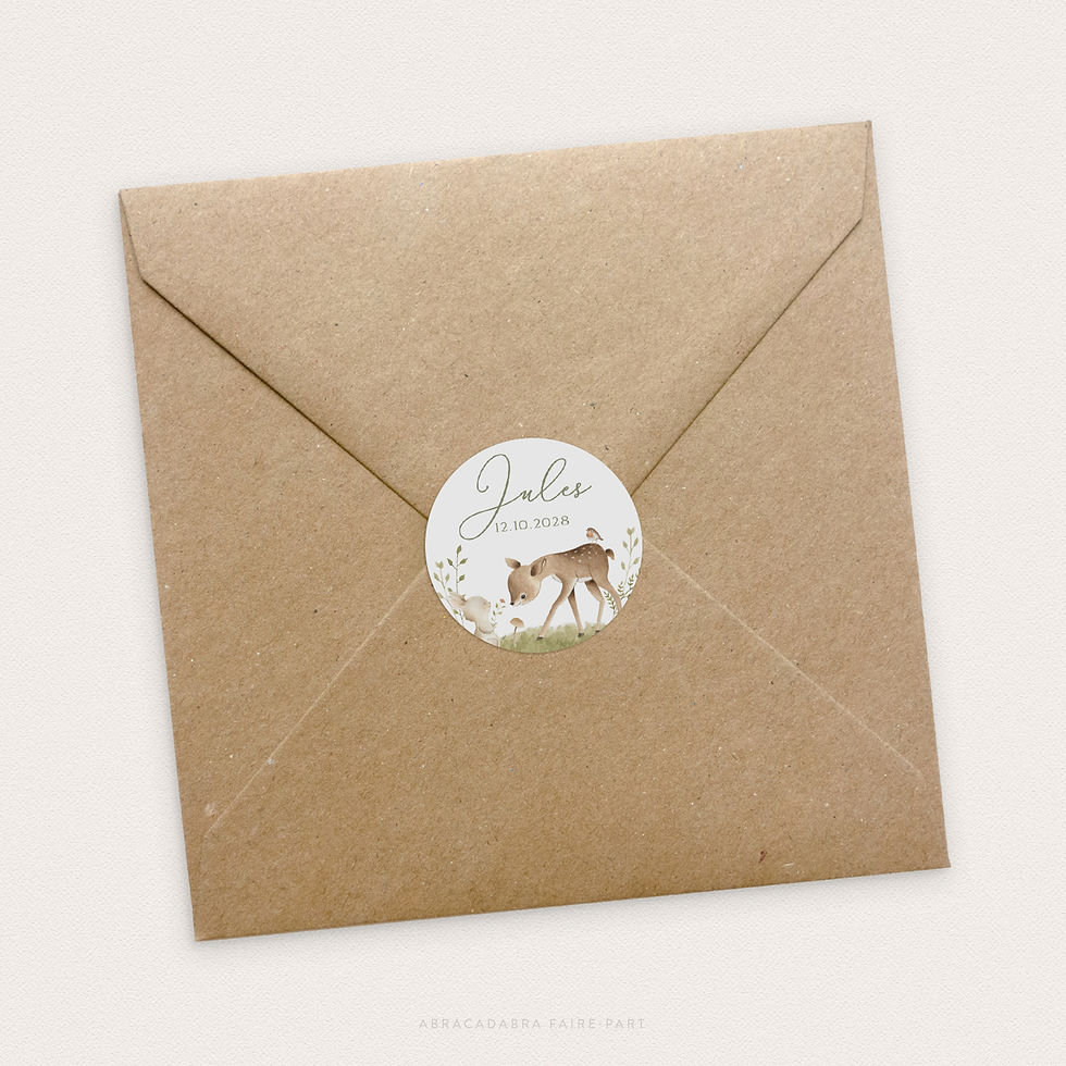 Miniature : sticker sur enveloppe kraft, avec faon et lapin, idéal baptême ou naissance garçon