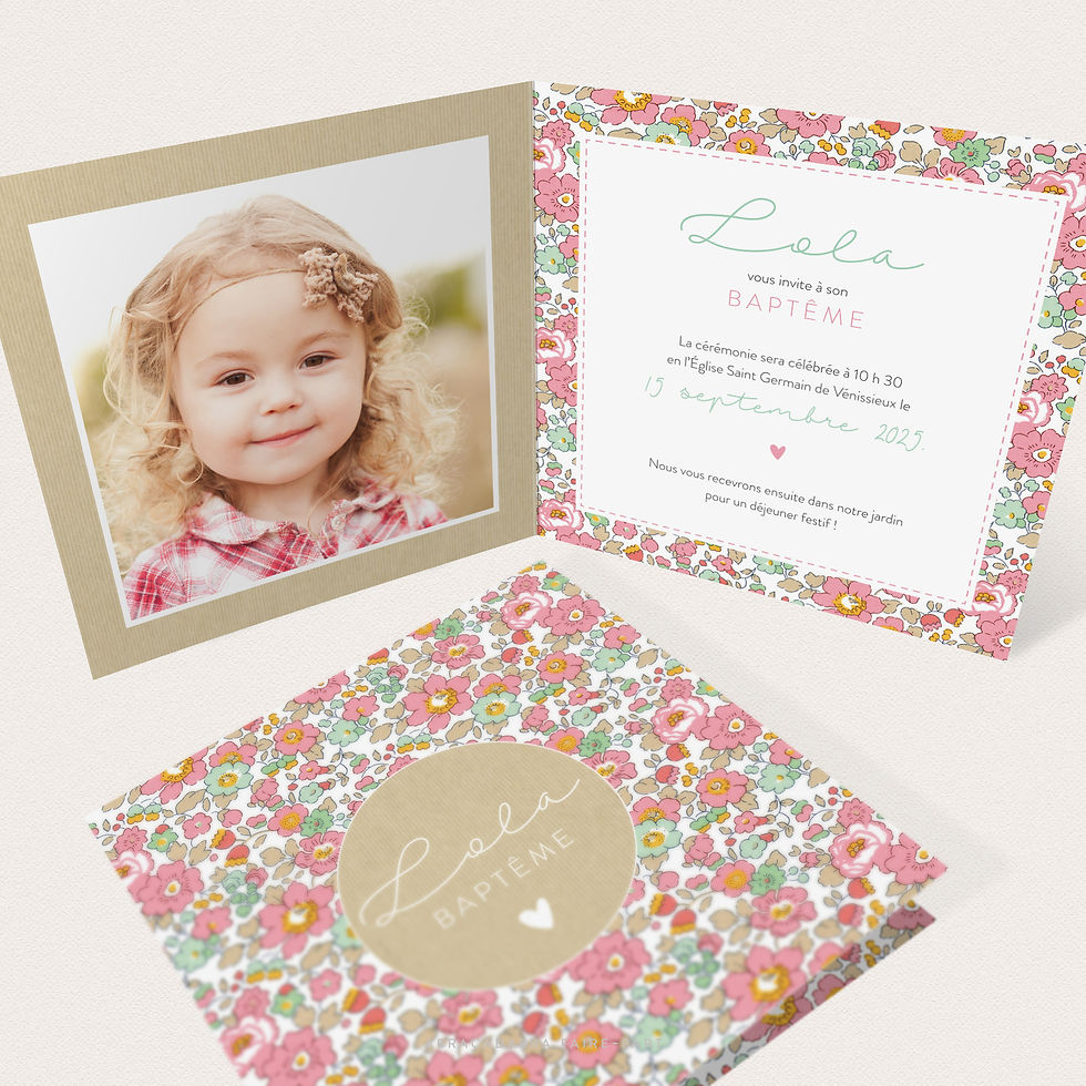 Faire-part de baptême en Liberty Betsy cupcake et kraft, 4 pages, avec photo, vue ouvert